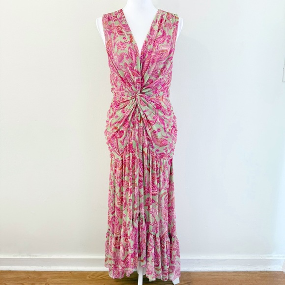 Misa Los Angeles Dresses & Skirts - MISA PINK GREEN VINTAGE PAISLEY PRINT AVA MESH TWIST FRONT SLEEVELESS MIDI DRESS